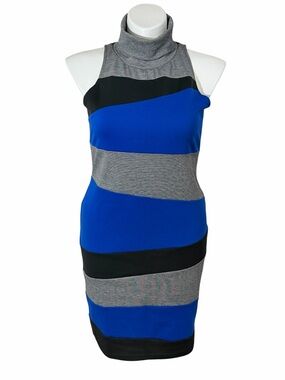 Last Exit Sleeveless Turtleneck Colorblock Bodycon Dress Blue/Gray/Black Size 2X
